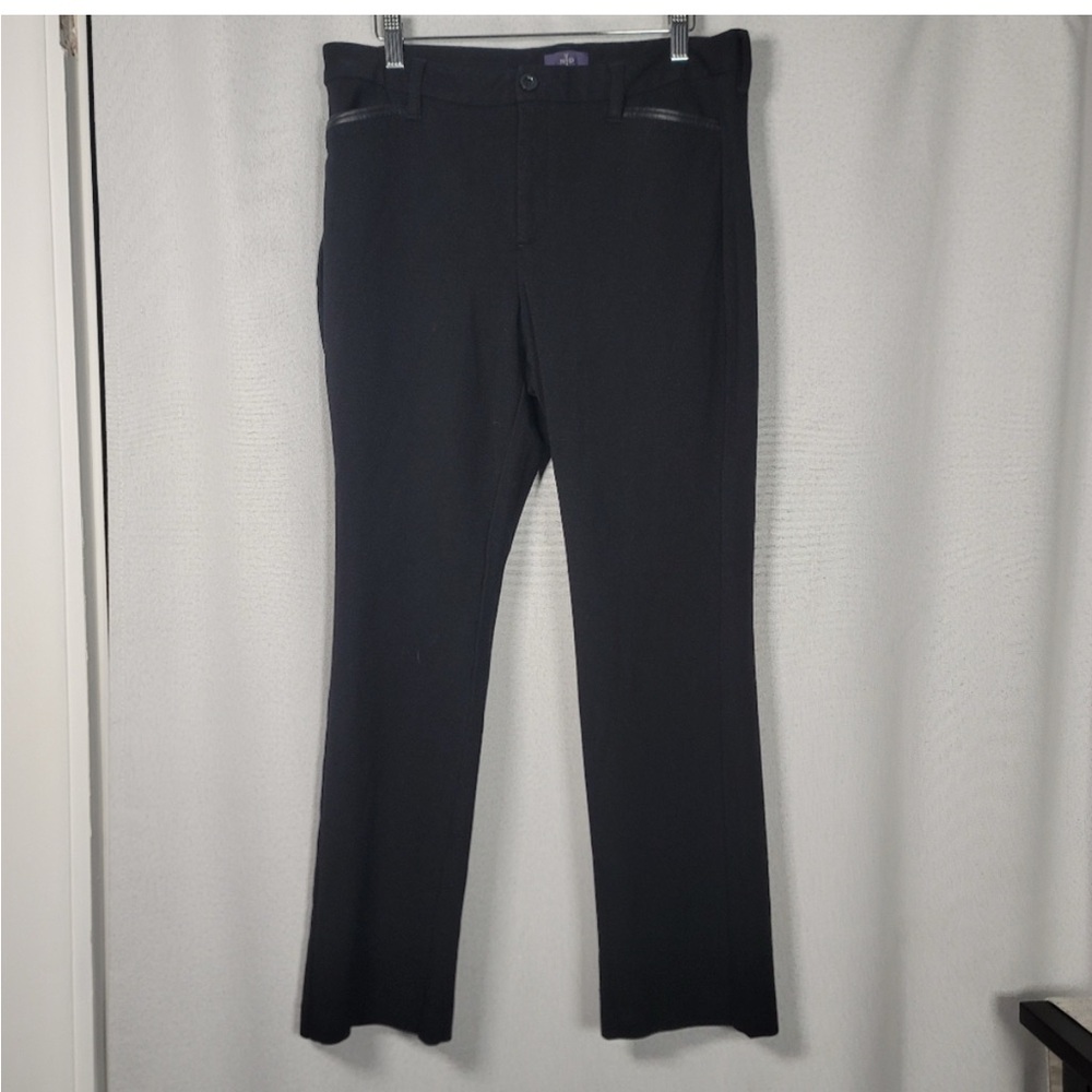 NYDJ Black Stretch Straight Leg Pants Faux Leather Trim Women's 12 Petite